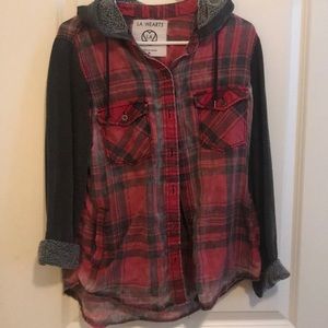 Red and gray flannel with hood